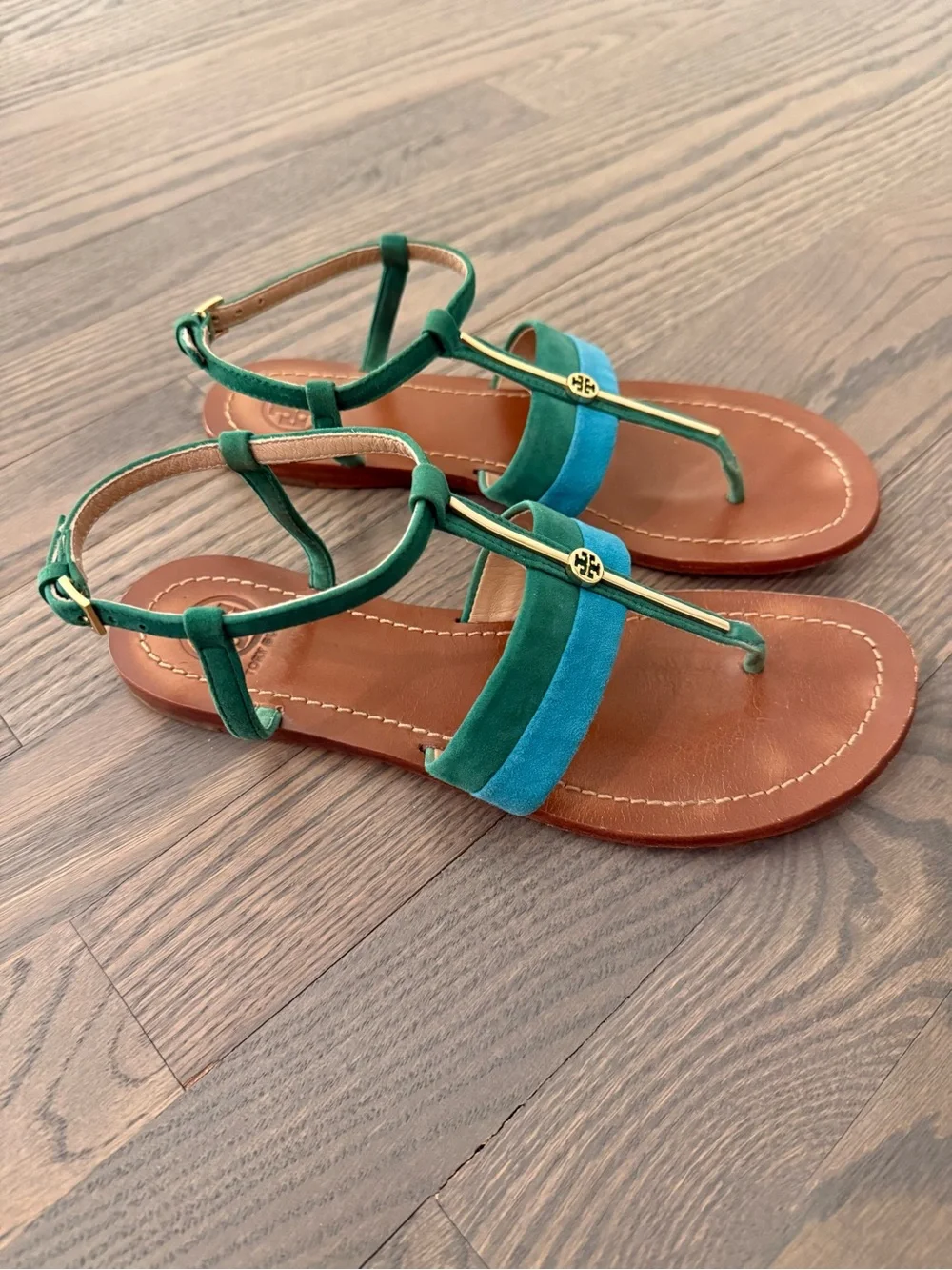 Tory Burch Green & Teal Suede T-Strap Sandals with Gold Logo